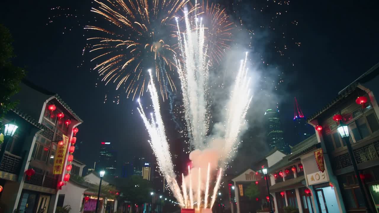 Launching fireworks with ground fountains and aerial shells marking holiday at lantern lit street