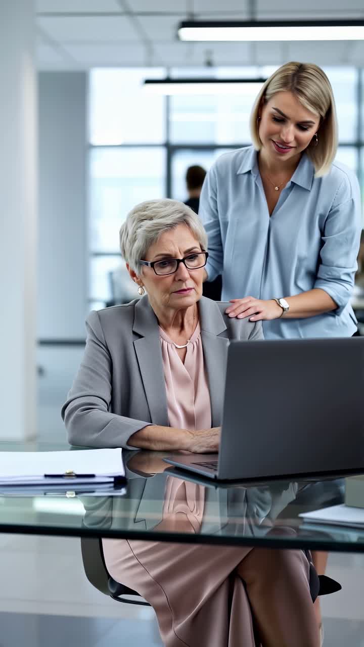 Senior Businesswoman Getting Help with Laptop in Office