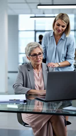 senior businesswoman getting help with laptop in office