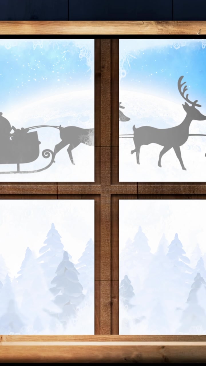 Animated Christmas scene with Santa, reindeer, and festive tree by a window.