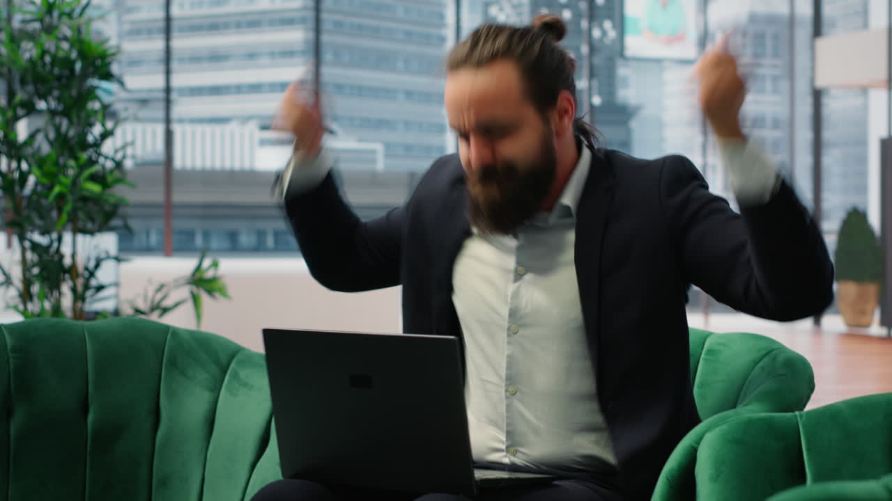 Vertical Video Proud satisfied CEO mimics air guitar singing and celebrating achievement