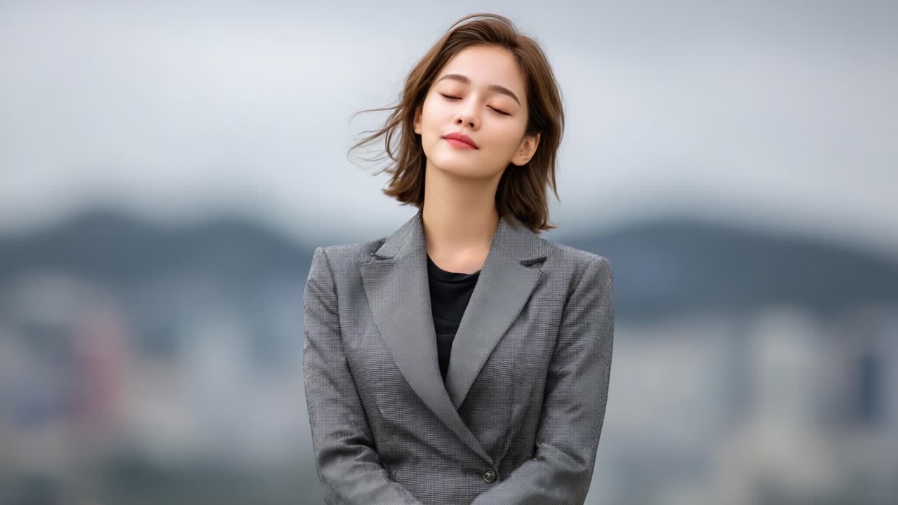 A Confident Woman in a Stylish Gray Suit Poses Gracefully Outdoors with a Calm Expression, Capturing a Moment of Poise Against a Blurred Scenic Background