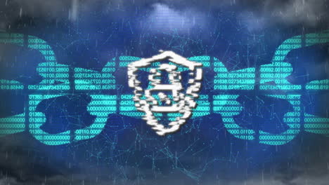 Animation of rain over shield with padlock icon and network of connections