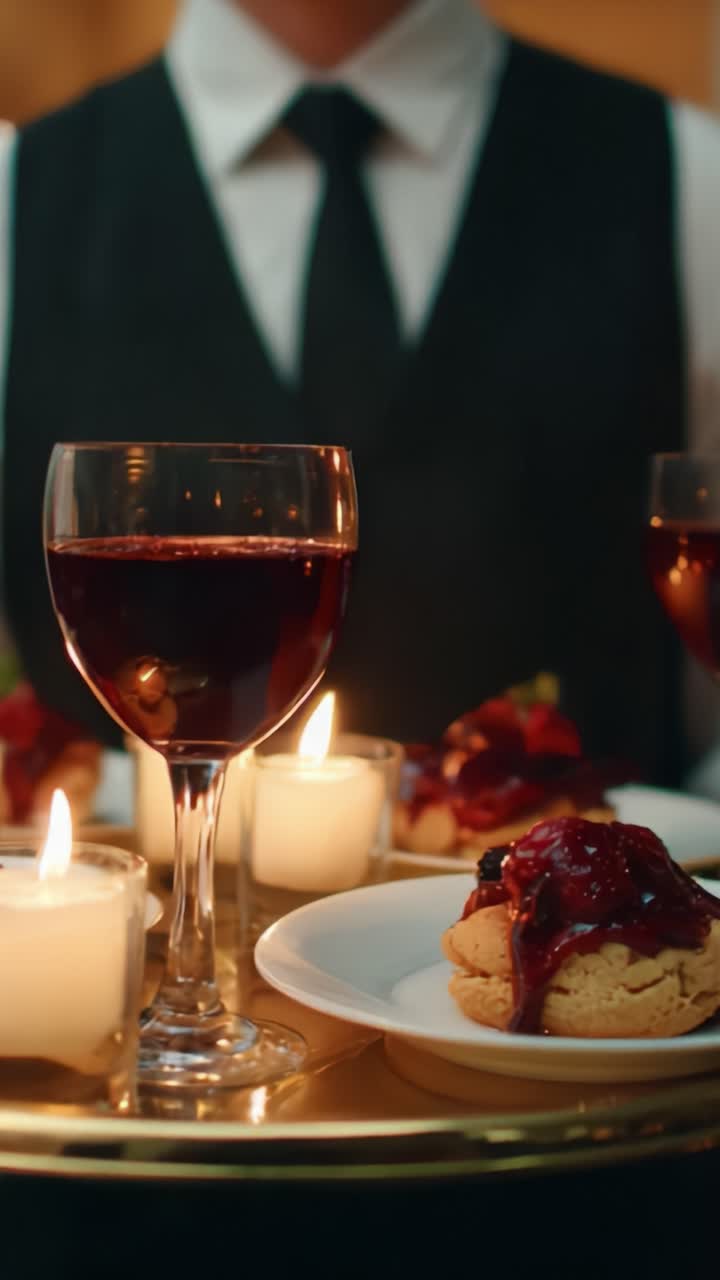 Presentazione elegante di dessert e vino rosso, accompagnati da candele scintillanti, per creare un’atmosfera sofisticata e un’esperienza culinaria deliziosa