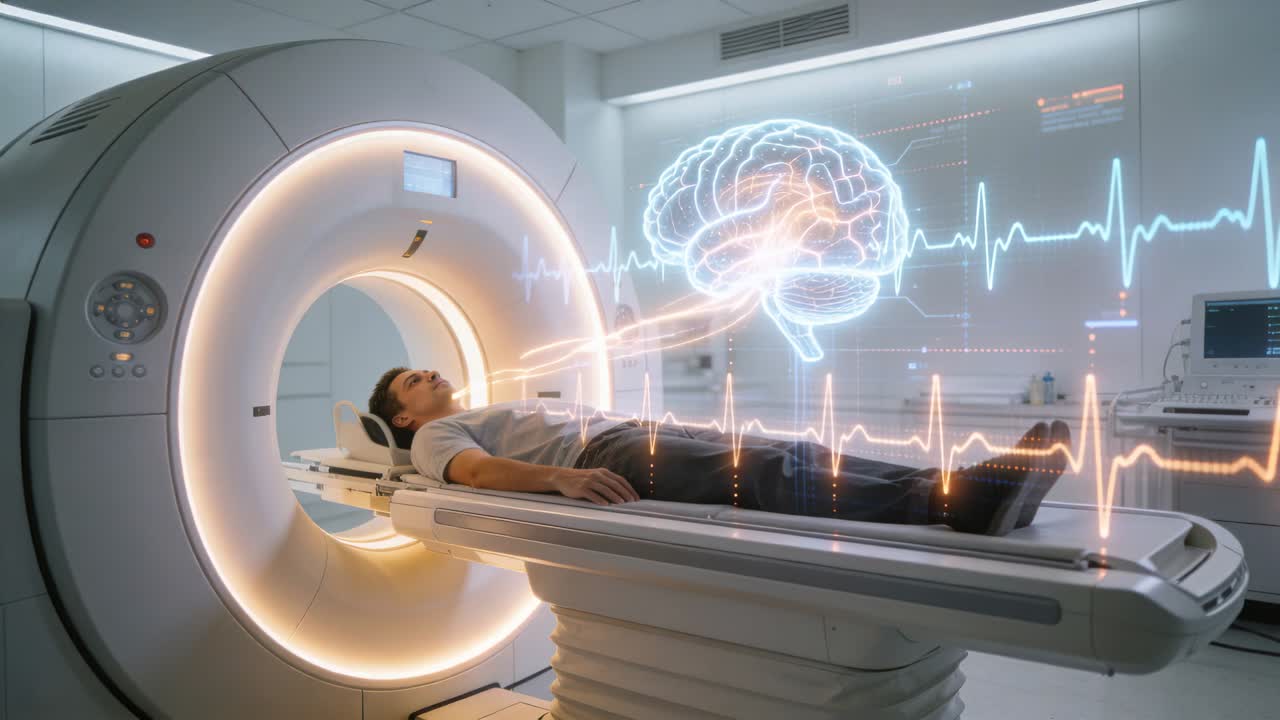 Un tavolo di scansione fa scorrere un uomo in maniche corte nello scanner in laboratorio per l'imaging, mentre un ECG olografico viene visualizzato.