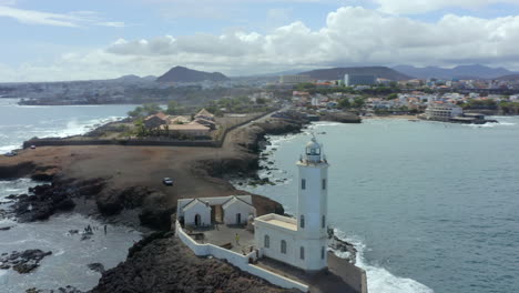 aerial view of dona maria pia lighthouse, farol da praia in santiago island, cape verde.