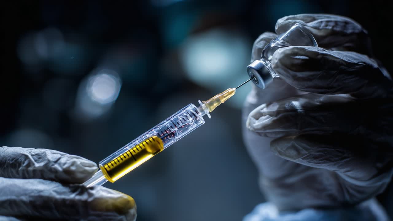 A Close-Up View of a Medical Professional Preparing a Syringe with a Vaccine from a Vial in a Dimly Lit Environment, Highlighting Precision and Care