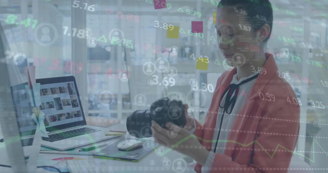Animation of stock market data processing over asian female photographer holding a digital tablet