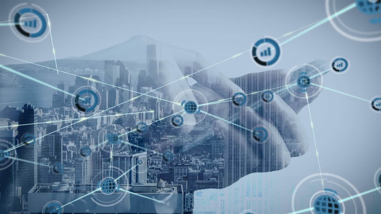 Connectors moving and hands holding phone in background