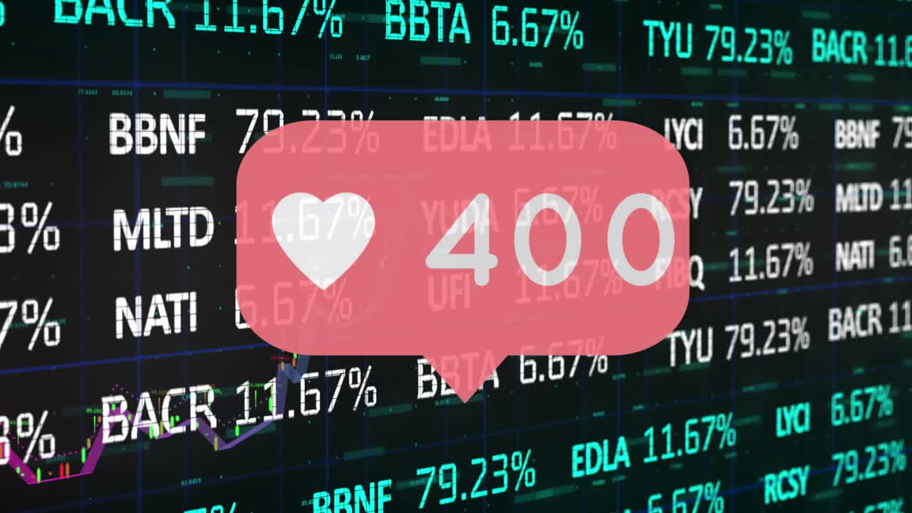 animación de los iconos de amor de las redes sociales y el aumento de los números, sobre las acciones financieras procesamiento de datos