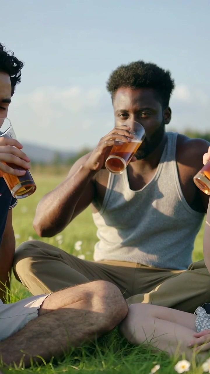 Vertikales Video: Mann in grauem Tanktop hebt hohes Glas und nippt auf einer Wiese, entspannt mit Freunden.