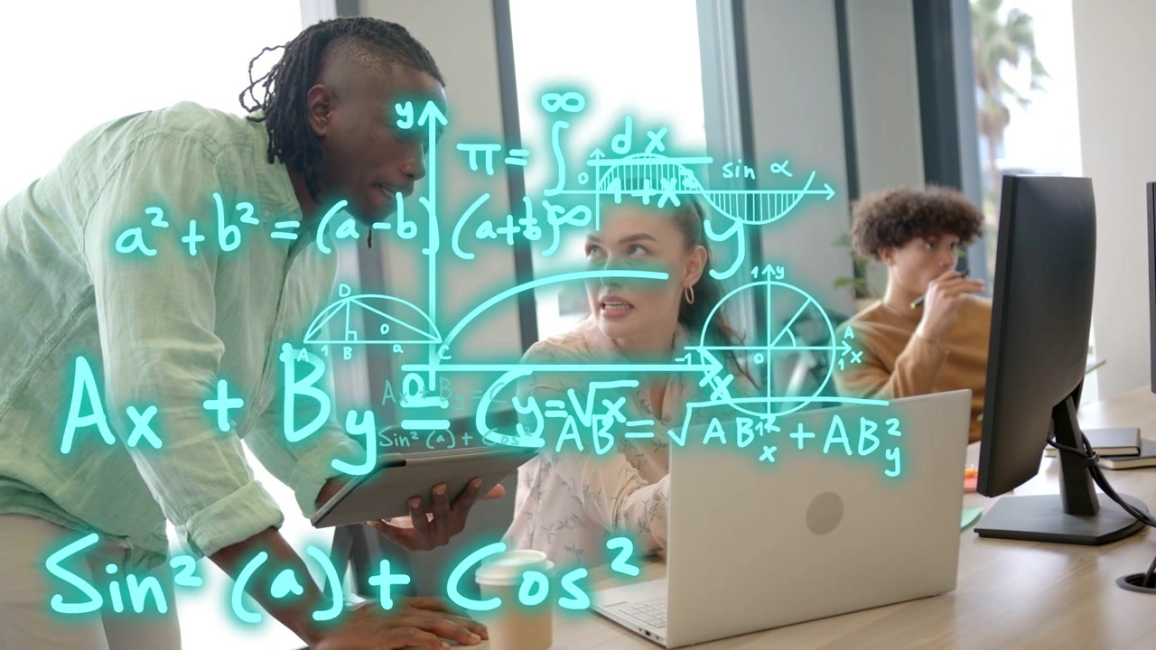 Standing man leaning tapping tablet making math overlay grow over laptop as woman solving problems