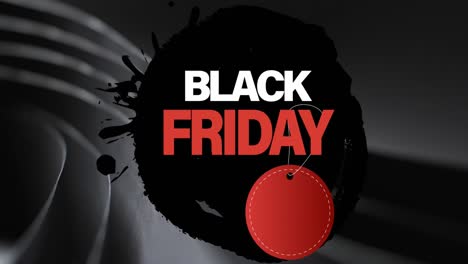 Animation-of-black-friday-text-with-red-tag-over-rolled-up-black-paper-on-black-background