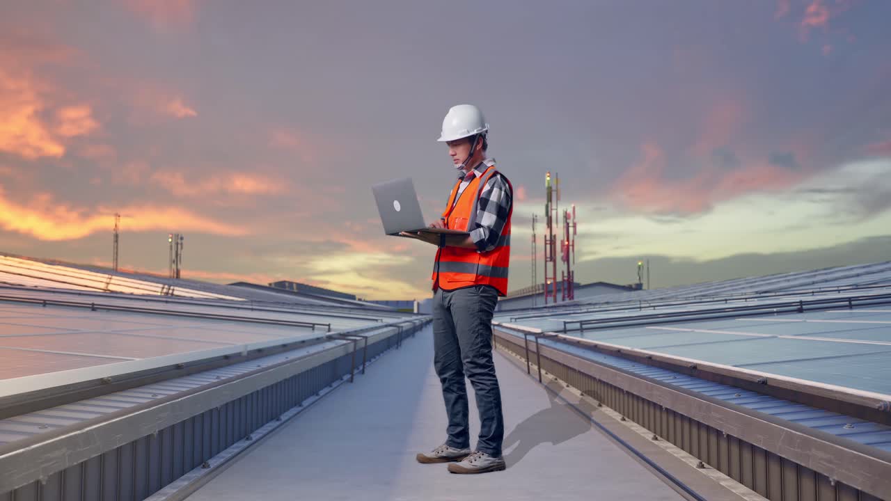Full Body Side View Of Asian Male Engineer With Safety Helmet Working On A Laptop While Standing and Inspecting Solar Panels on Rooftop