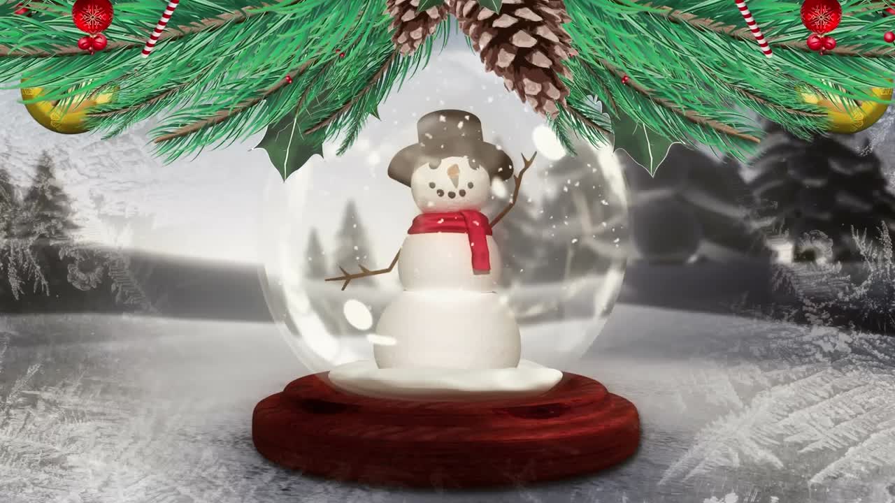 겨울 풍경 에 있는 눈球 에 있는 스노우맨 위 의 크리스마스 꽃줄기 장식