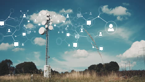 Telecommunication-tower-building-social-network-in-a-field-against-a-cloudy-blue-background