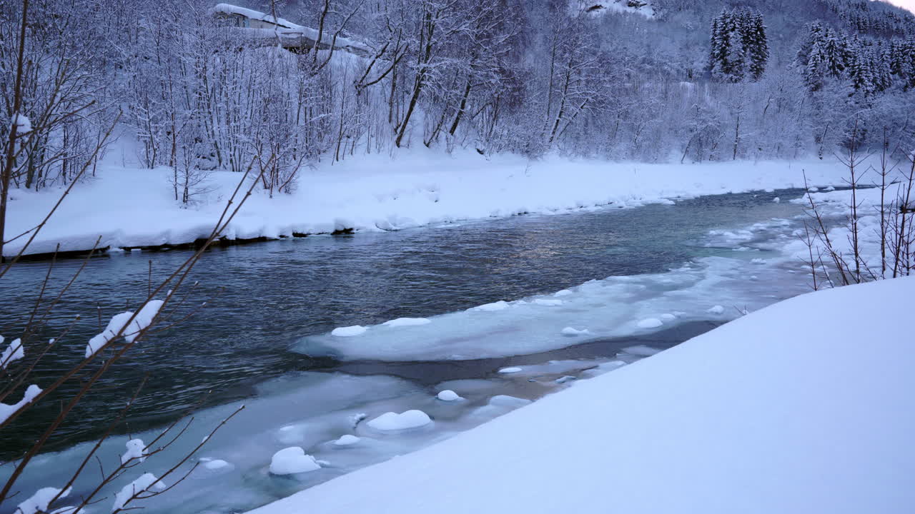 River running through snowy landscape and trees