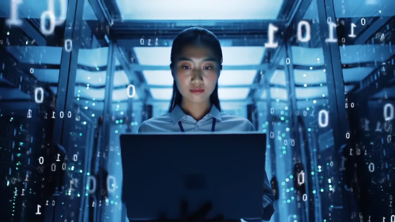 A focused professional analyzes data on a laptop inside a high-tech server room, illuminated by digital binary codes in a futuristic environment