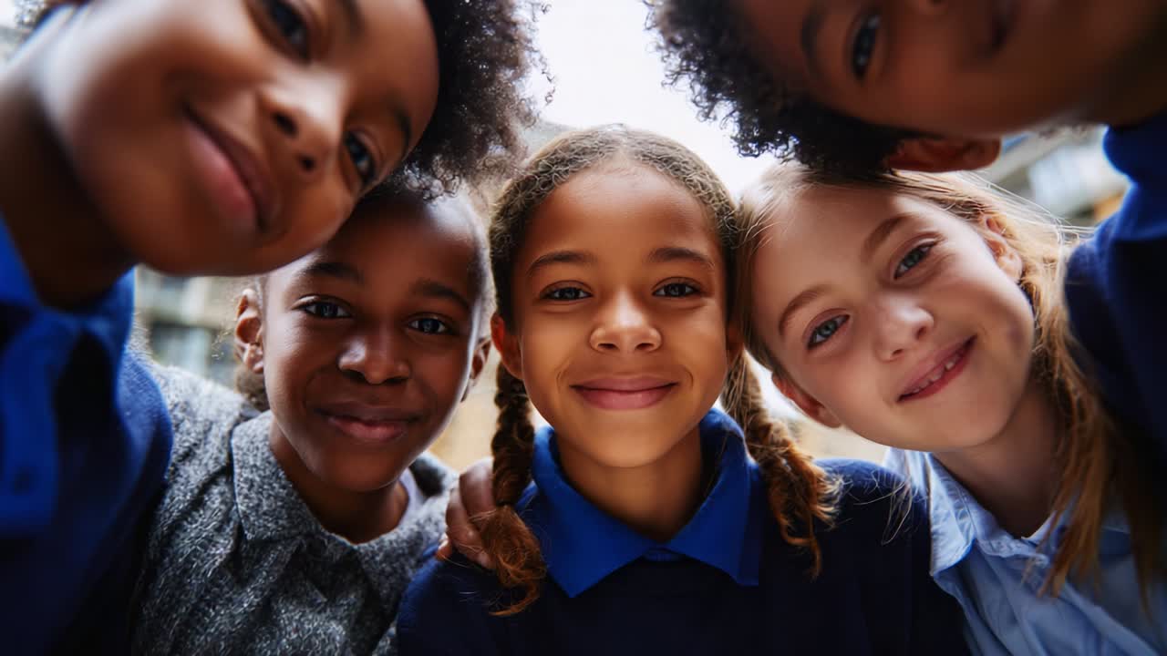 A Close-Knit Group of Children Smiling Together, Capturing the Joy and Friendship in Their Youthful Hearts, Showcasing the Joyous Moments of Connection and Laughter During Playtime Outdoors
