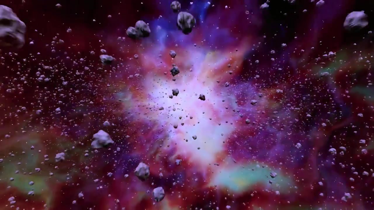 Lentäminen värikkään sumun läpi asteroidien ja avaruuspölyn kera