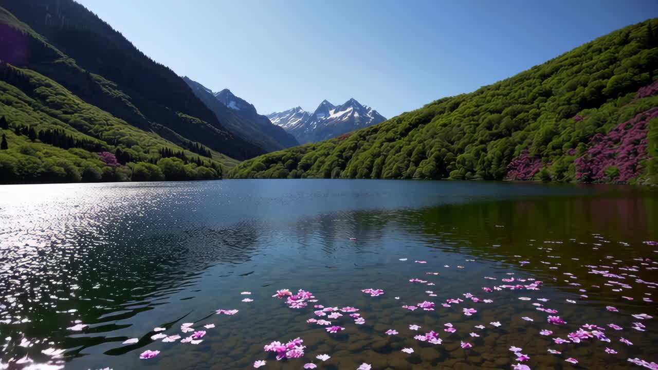 Serene Mountain Lake with Pink Flowers