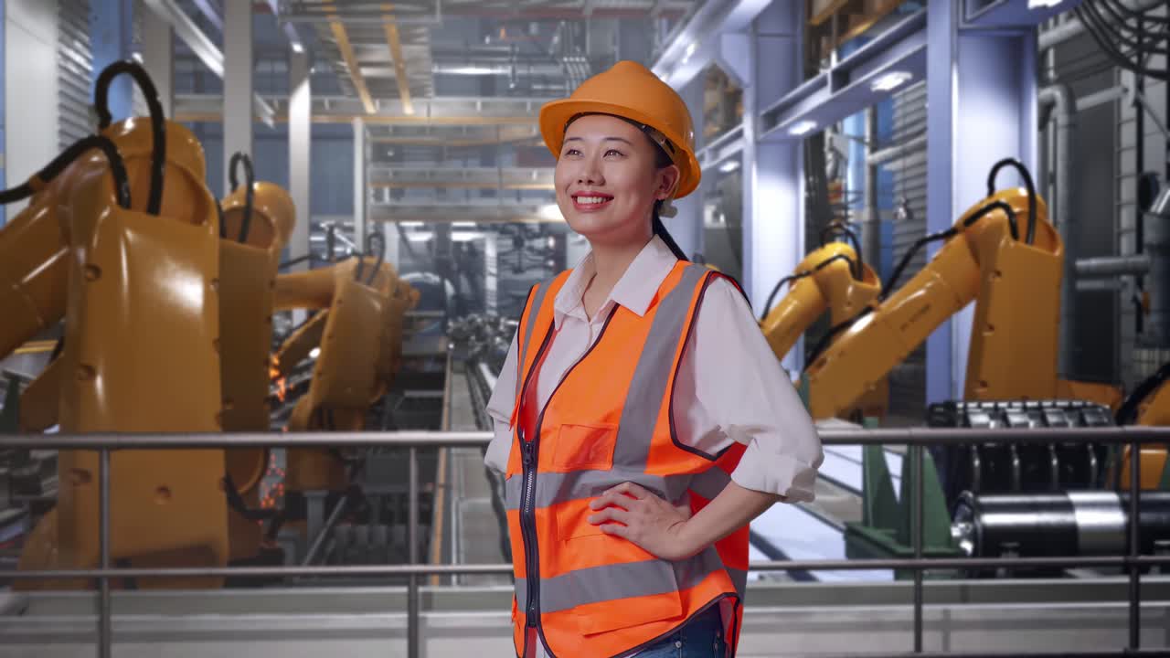 Side View Of Asian Female Engineer Wearing Safety Helmet Looking Around While Standing With Arms Akimbo With Industrial Robotic Arms Working