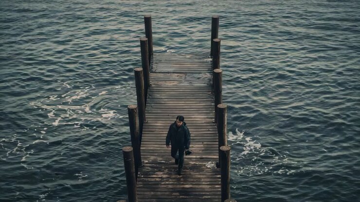 Starting at far end, walking man wearing dark coat heading toward end on pier, holding object