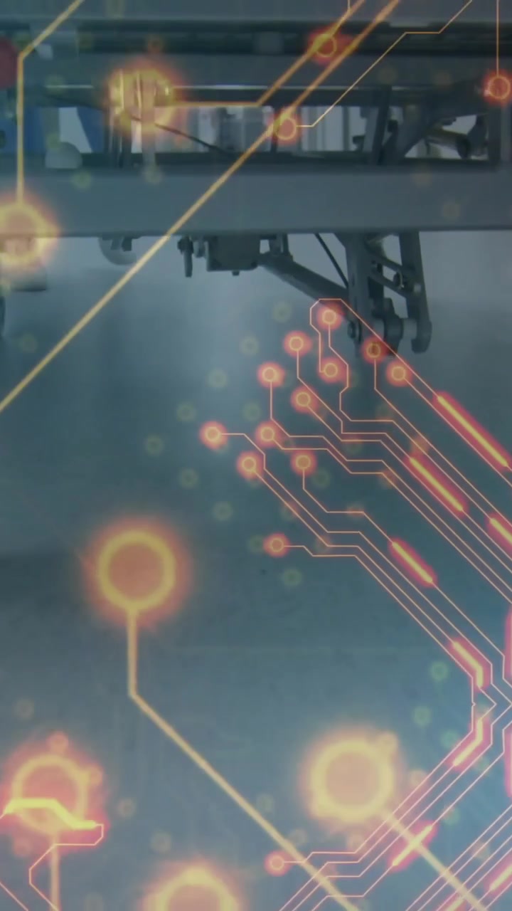 Circuit board and glowing nodes animation over hospital bed wheels