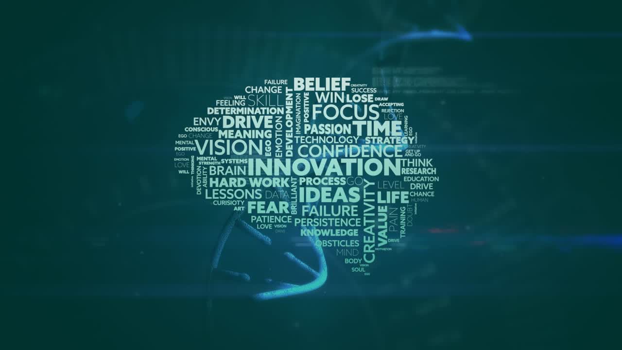 Animation of data processing and brain with texts over dna strand