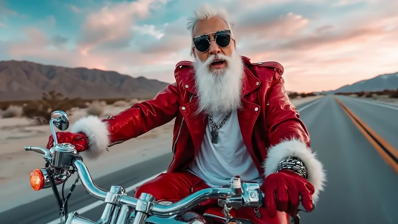 A man in a red leather jacket and sunglasses riding a motorcycle