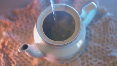 the man puts two tea leaves into a teapot and fills with boiling water