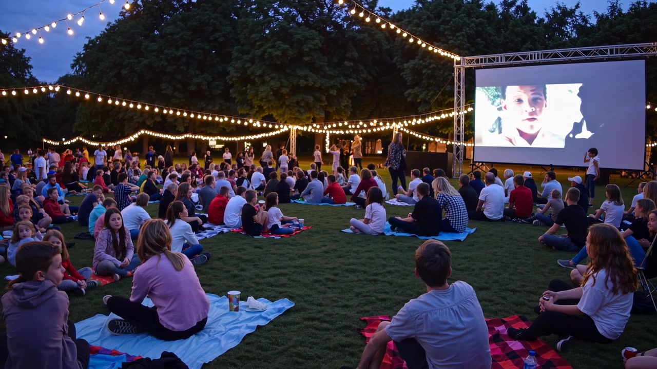 Large Audience Watching an Outdoor Movie in a Park at Dusk