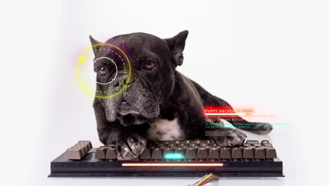 dog hacker lying down with a keyboard hacking, studio footage