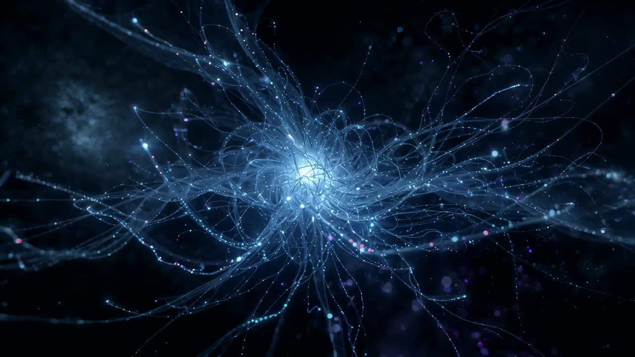 Rete di filamenti collegati al nucleo pulsante mentre la camera avanza, orbitando nello spazio, rivelando i collegamenti tramite beads