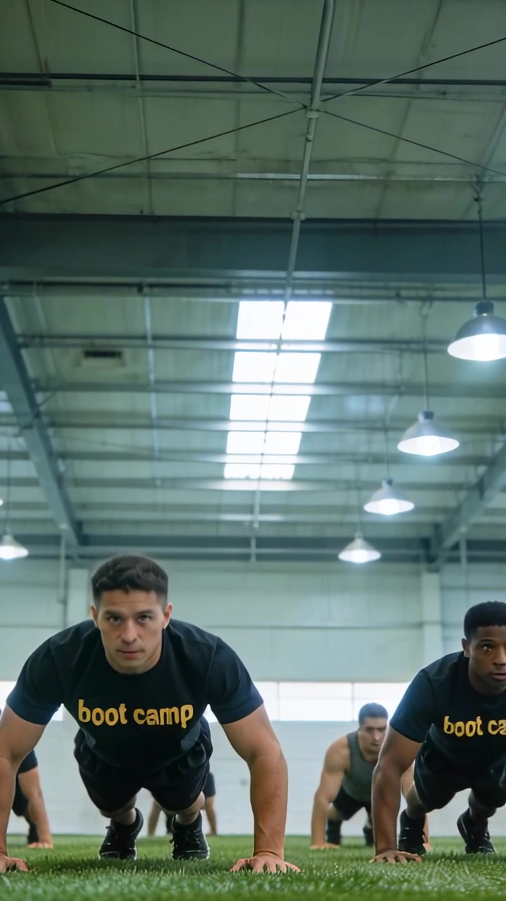 Vertical video: Lead man counting, leading pushups on warehouse turf in bootcamp shirts for fitness