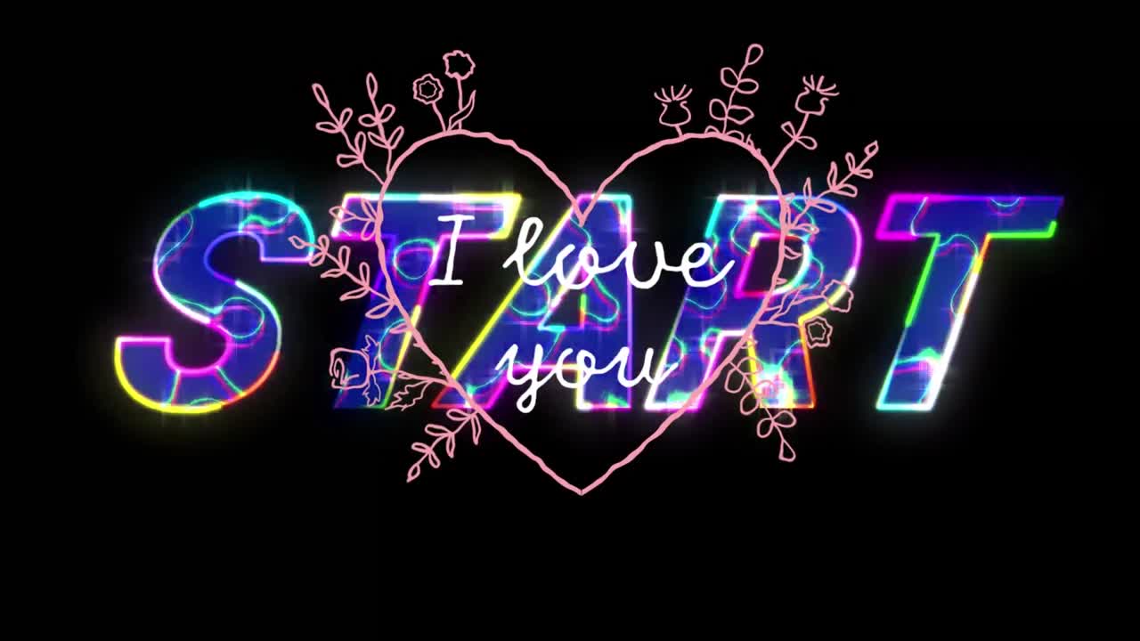 animación del corazón con te quiero y colorido comienzo sobre fondo negro