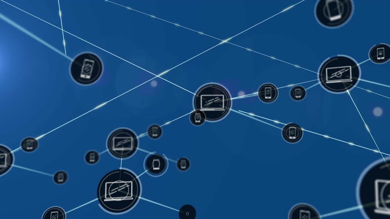 Animation of network of connections with icons over blue background