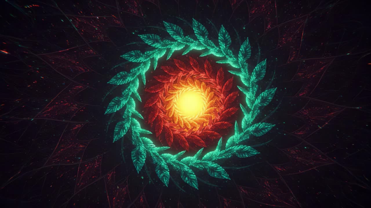 A Captivating Circular Pattern of Vibrant Leaves and a Radiant Sun, Evoking Natural Wonder and Intricate Design in a Stunning Visual Display