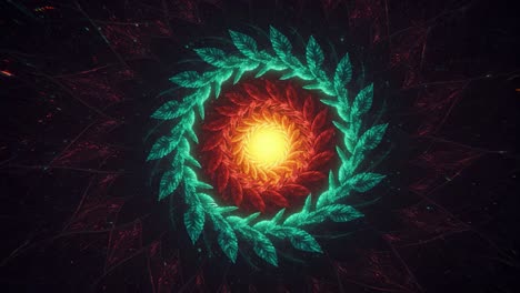 A Captivating Circular Pattern of Vibrant Leaves and a Radiant Sun, Evoking Natural Wonder and Intricate Design in a Stunning Visual Display