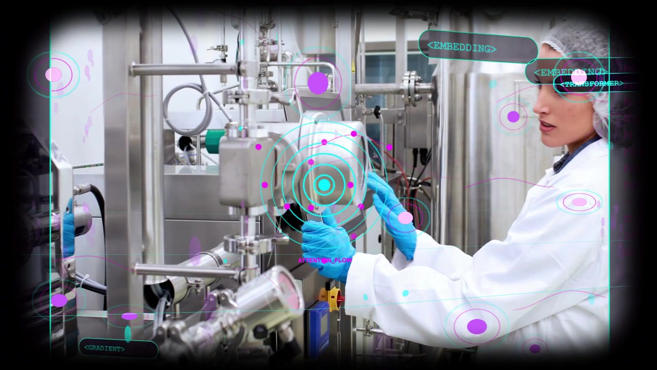Gloved hands entering right tech turning valve tuning clamp ensuring sanitary flow with AR overlays