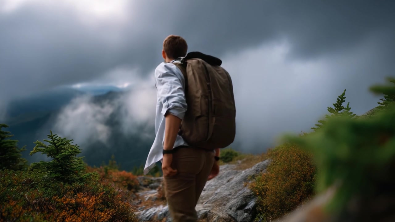 A Solo Hiker Journeying Through Misty Mountain Trails, Embracing Nature's Beauty and Solitude Under a Dramatic Cloudy Sky