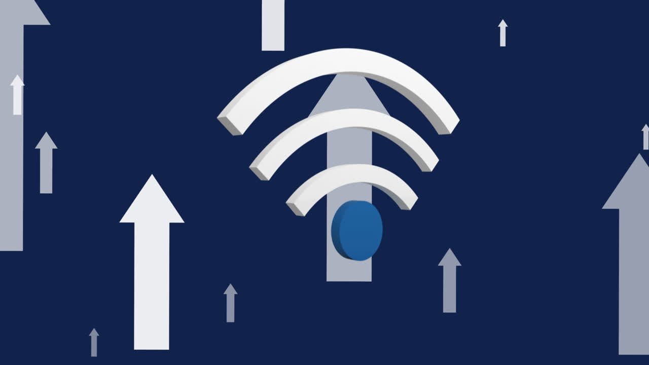 animación de wifi y flechas iconos digitales flotando sobre fondo azul