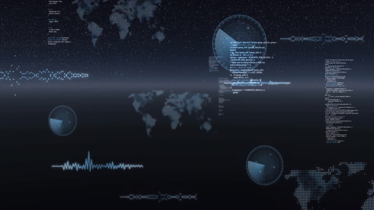 Animation of data processing, world maps and statistics recording over universe