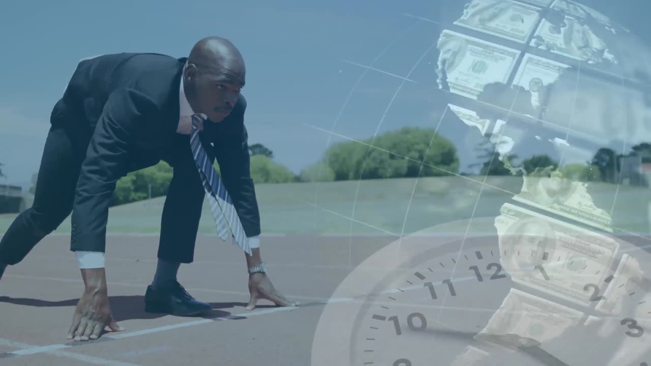 Animation of globe made of American dollar bills spinning and clock ticking over African American ma