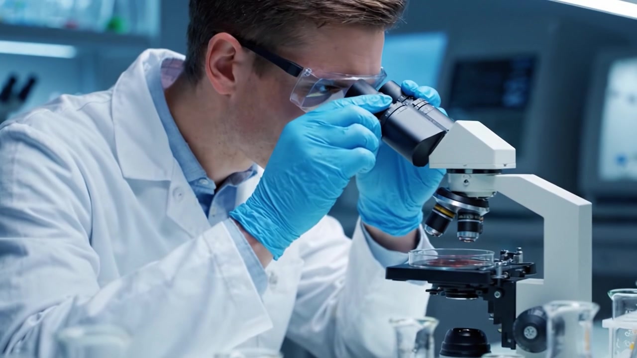 A dedicated scientist meticulously analyzing samples under a microscope in a modern laboratory filled with colorful chemical solutions and advanced scientific equipment.