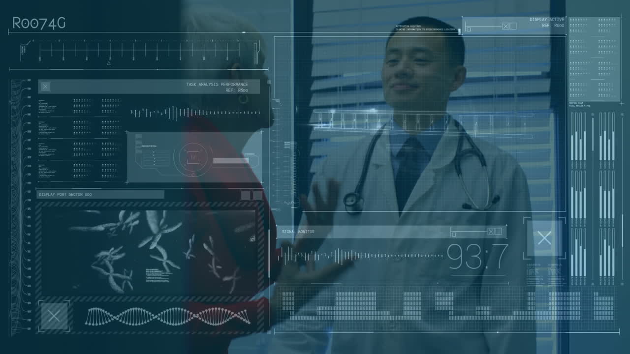 Medical interface against male doctor talking to female senior patient