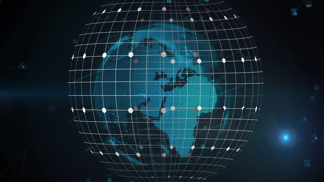 Animation of globe of connections over world map on black background