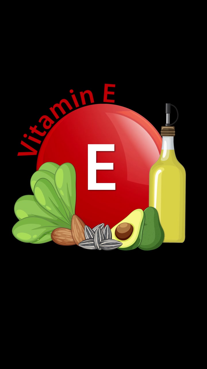 Un'icona di una capsula rossa di Vitamina E si anima con testo e illustrazioni di cibi sani, tra cui spinaci, mandorle, semi di girasole, avocado e olio, su sfondo nero
