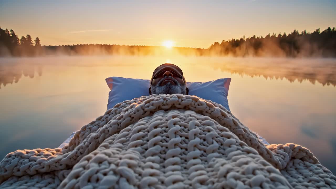 Man Sleeping Peacefully on a Bed in the Middle of a Lake at Sunrise