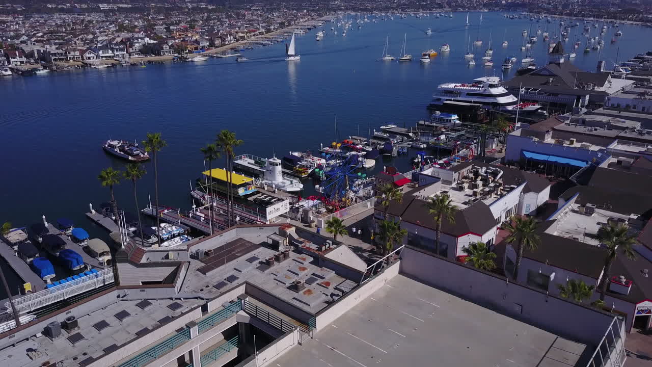 Aerial view of Balboa fun zone and the Balboa island ferry in Newport Beach California.